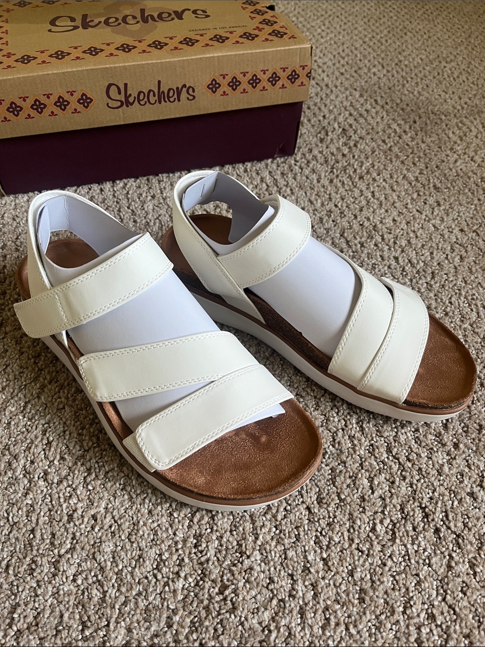 Skechers White Lifted Comfort Triple-Strap Velcro Sandals